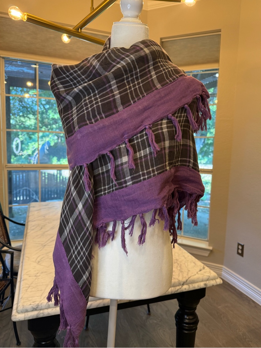 Banana Republic Purple and Charcoal Plaid Fringe Wrap Scarf